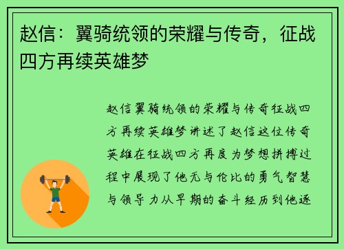 赵信：翼骑统领的荣耀与传奇，征战四方再续英雄梦